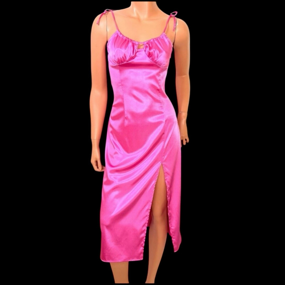 Hot Pink Satin Babydoll Slip Dress Ruffle Bust with Keyhole Slit Y2K Barbiecore